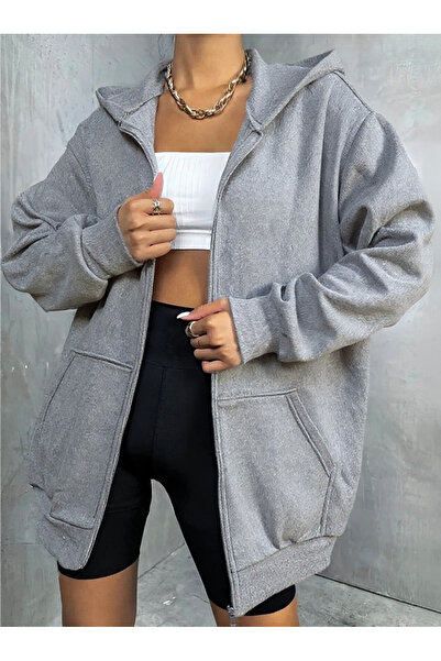 YAKAMEL Women's Zippered Unprinted Plain Basic Cardigan