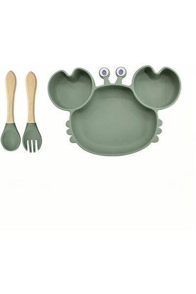 NOVOLAN طبق شفط للأطفال على شكل سلطعون مع شوكة وملعقة، خالٍ من مادة BPA