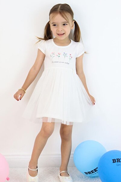 Breeze Girl's Dress Flower Printed Tulle Bow Detail 1.5-5 Years Old, Ecru