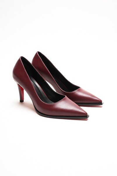 Lizzu Бургунди кожени обувки с остри върхове, червени подметки и токчета, еле...
