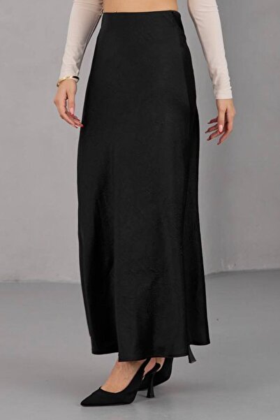 VAGGON Women's Black Satin Textured Long A-Line Skirt Vs01687