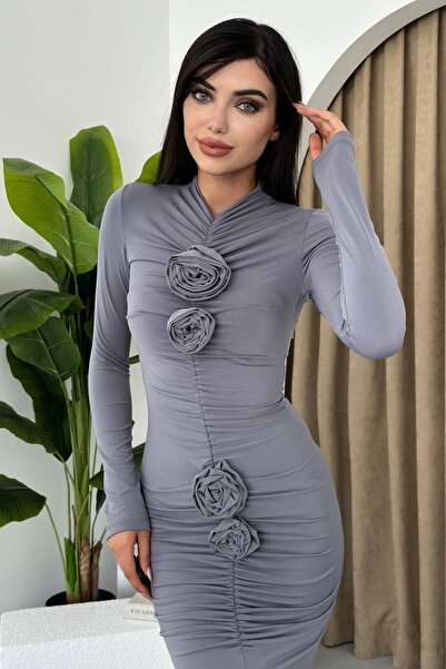 WOMAN VISION Bequemes Midikleid aus Stoff mit Raffungen und Schlitzdetails