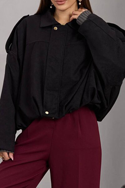 VAGGON Γυναικείο μπουφάν με μαύρη ζώνη με λεπτομέρεια με φερμουάρ και επένδυση Bomber Suede Vs01670