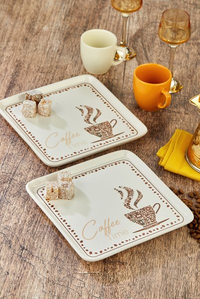 EMBazaar 2'li Coffee Time Seramik Kahve Sunumluk/Kare Kahve Sunum Tabağı/Sunumluk