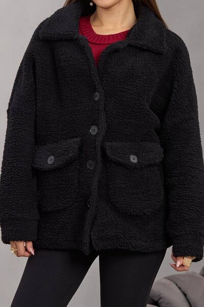 VAGGON Women's Black Double Pocket Button Closure Plush Jacket Vs01671