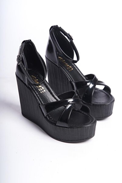 asmi shoes Women's Verla Cross Strap Black Patent Leather High Heeled Wedge Sole Shoes