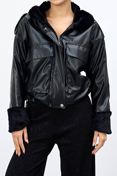 VAGGON Women's Black Plush Faux Leather Jacket with Zippered Sleeves and Collar Vs01675