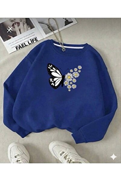 FAEL LİFE Women/Girls Zero Neck Butterfly Daisy Print Sweatshirt Oversized Cut
