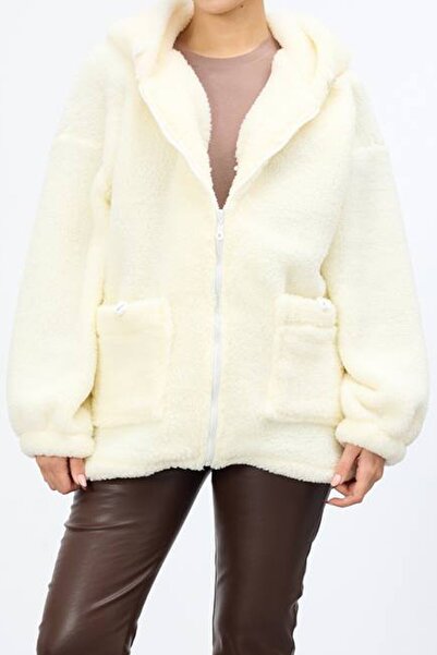 VAGGON Women's Cream Double Pocket Zipper Closure Hooded Plush Jacket Vs01682