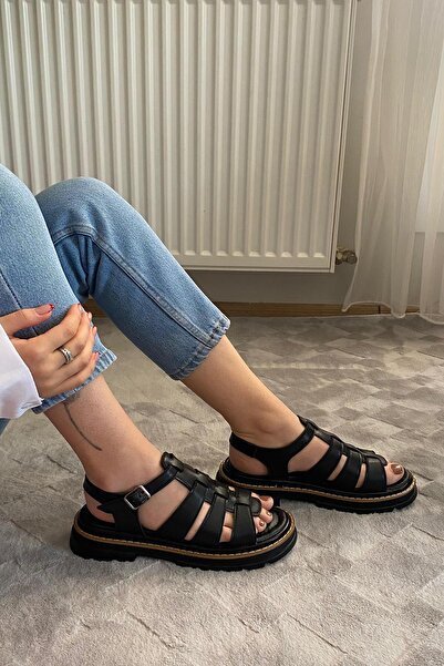 asmi shoes Women's Desma Black 4 cm Cage Model Vardola Detailed Thick Sole Orthopedic Sandals