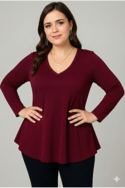 Curvy Trend Plus Size V-Neck Long Sleeve Wide Hem Blouse