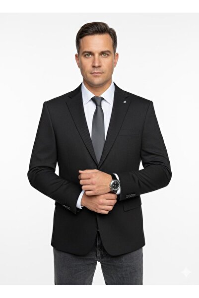 Plus Scorpion Jachetă blazer slim fit pentru bărbați, bej – țesătură texturată în dungi – cu nasturi dublu