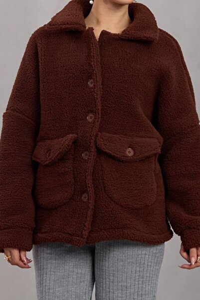 VAGGON Women's Brown Double Pocket Button Closure Plush Jacket Vs01671