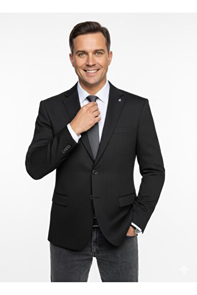 Plus Scorpion Jachetă blazer slim fit pentru bărbați, bej – țesătură texturată în dungi – cu nasturi dublu