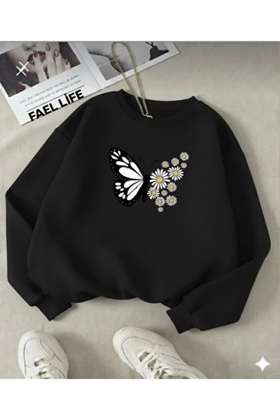 FAEL LİFE KADIN/KIZ SIFIR YAKA KELEBEK PAPATYA BASKI KAZAK GENİŞ KESİM