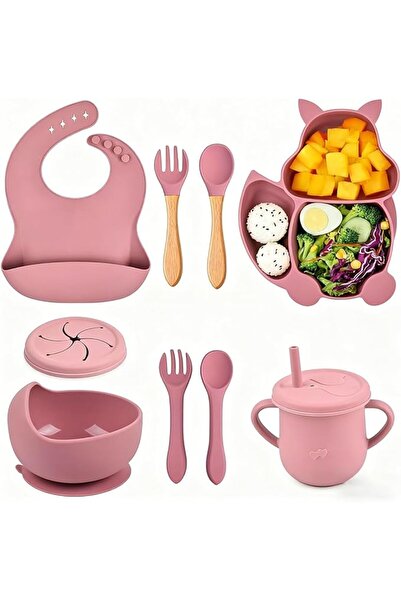Generic 9-Piece Baby Feeding Silicone Tableware Set with LED, Divided Plate & Bowl (Pink)