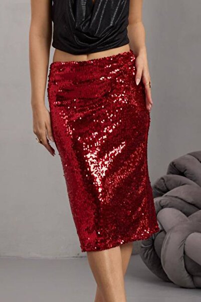 VAGGON Fusta midi cu paiete, roșie, cu închidere cu fermoar, pentru femei Vs01683