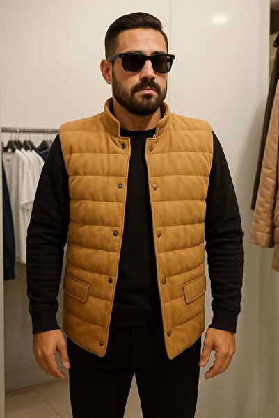 ABAS ALTU GİYİM Erkek Süet Görünümlü Kapitone Yelek – Taba