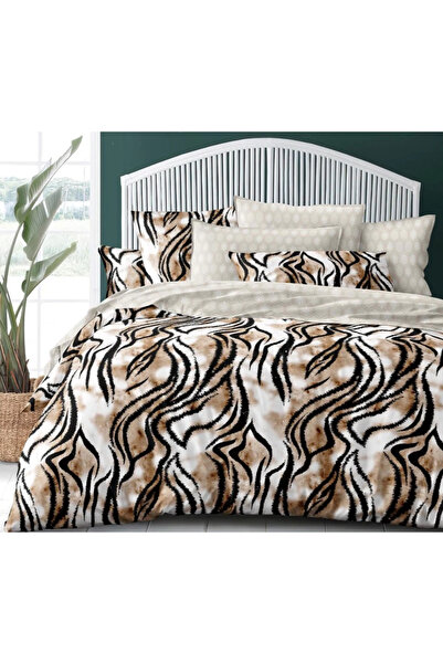 trendyhome Double Bed Linen, 4 Pieces, Satin Cotton, Stripes, Cream/Black, i14601-Elastic