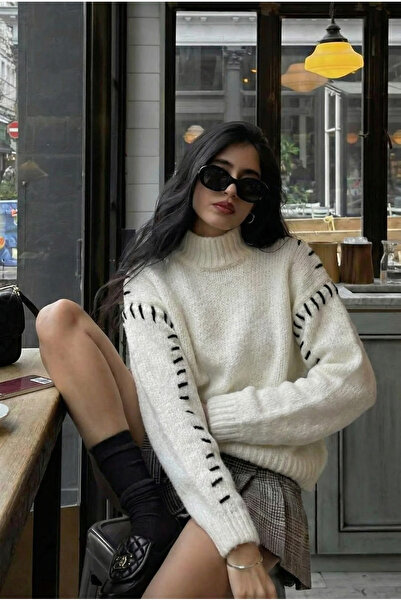 FEMELLE Pulover alb pentru femei, tricotaj semi-pescar