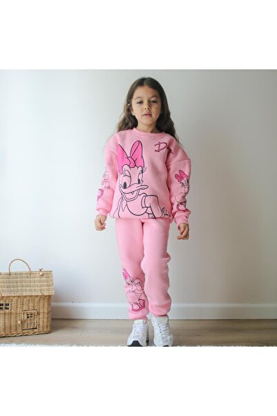 ALYA BUTİK طقم أليا بوتيكس الوردي ديزي مطبوع 3 خيوط مبطن بالصوف للفتيات