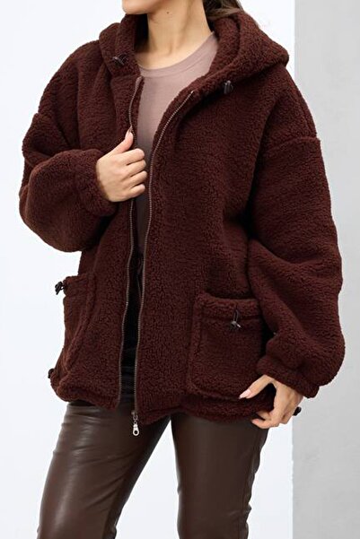 VAGGON Women's Bitter Brown Double Pocket Zipper Closure Hooded Plush Jacket Vs01682