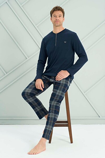 REMSA Men's Combed Cotton Long Sleeve Pajama Set 2231 Navy Blue05