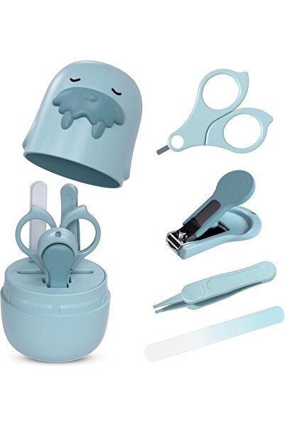 Generic 4-in-1 Baby Nail Care Set - Clippers, Soft-Tip Tweezers, Non-Slip Scissors, Glass Nail File (Blue)