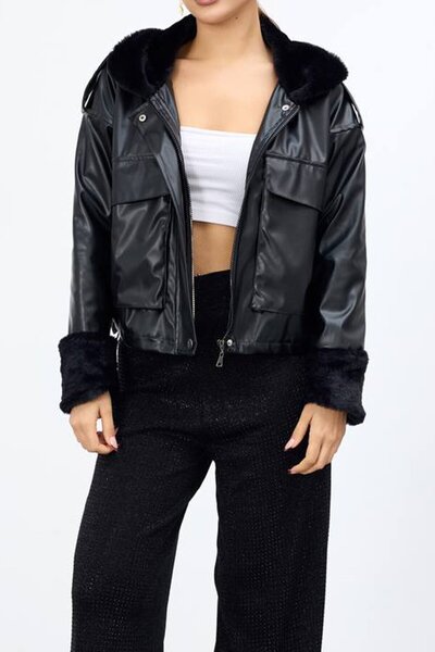 VAGGON Women's Black Plush Faux Leather Jacket with Zippered Sleeves and Collar Vs01675