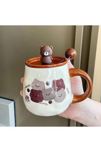 MsAnya Bear Design Coffee Mug Gift Set with Spoon and Dust Cover, 16 oz Ceramic