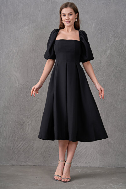 WOMAN VISION Trägerloses, kurzärmeliges, ausgestelltes Midikleid mit Ausschnitt