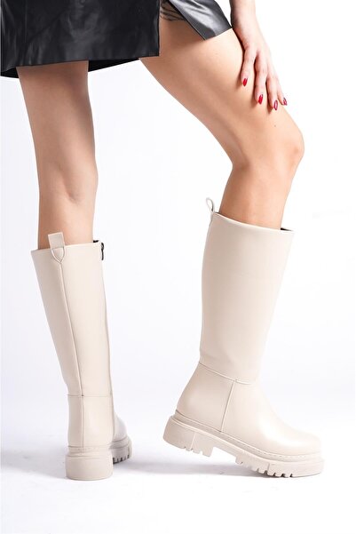 asmi shoes Γυναικείες μπότες Kimbel Cream με φερμουάρ και χοντρή σόλα μέχρι το γόνατο 2303