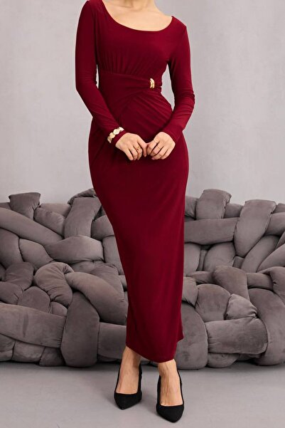 VAGGON Γυναικείο φόρεμα με λεπτομέρεια με αγκράφα σε μπορντό χρώμα ντραπέ Midi φόρεμα Vs01669