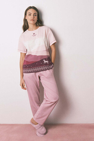 Women'secret بيجامة طويلة من القطن 100% بأكمام قصيرة