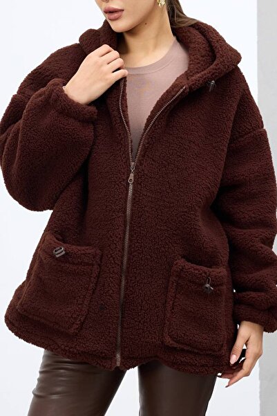 VAGGON Women's Bitter Brown Double Pocket Zipper Closure Hooded Plush Jacket Vs01682