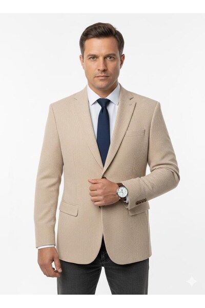 Plus Scorpion Men's Beige Slim Fit Blazer Jacket – Striped Textured Fabric – Double Breasted