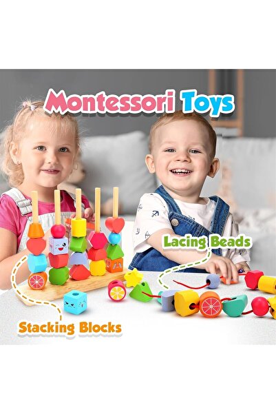 Generic Andanna Montessori Wooden Bead Sequencing Set with String and Matching Shapes for Ages 2-4