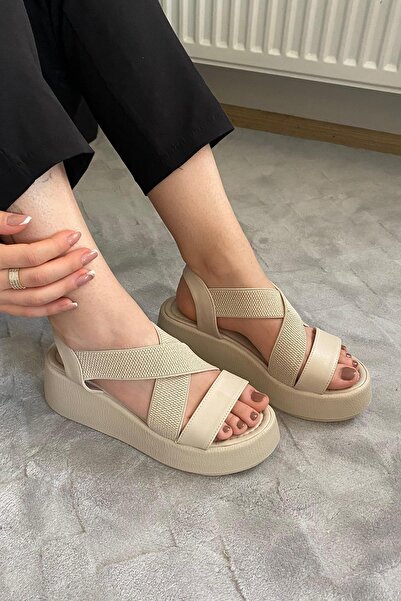 asmi shoes Women's Mokka Beige Rubber Detailed Wedge Sandals