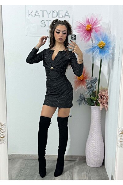 KATYDEA STORE Bella Mini Elegant Dress with Stamped Crystals – Black