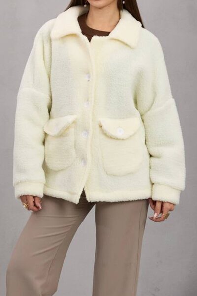 VAGGON Women's Cream Double Pocket Button Closure Plush Jacket Vs01671
