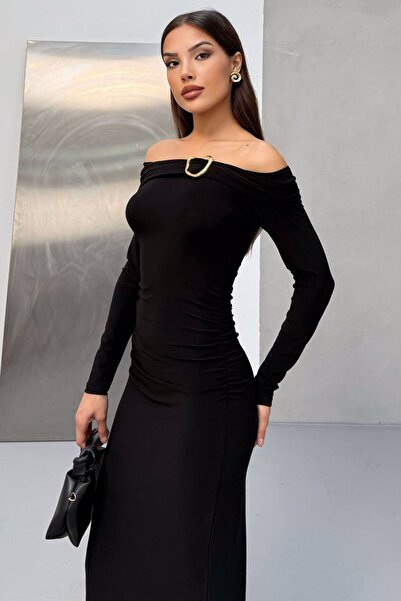 VAGGON Γυναικείο μαύρο φόρεμα με λεπτομέρεια αξεσουάρ με γιακά Madonna Vs01676