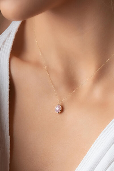 Bayar Gold 14 Ayar Altın Pembe Taşlı Damla Kolye