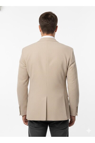 Plus Scorpion Men's Beige Slim Fit Blazer Jacket – Striped Textured Fabric – Double Breasted