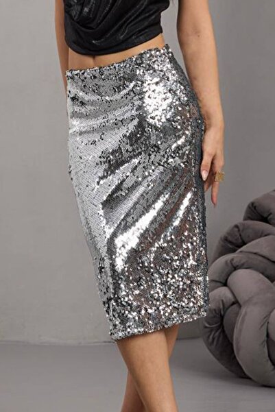 VAGGON Fusta midi gri cu paiete, cu fermoar, pentru femei Vs01683