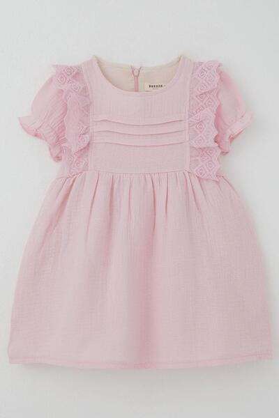 Breeze Baby Girl Dress, Shoulder Part with Guipure Detail, Elastic Sleeves, 9 Months-3 Years, Pink