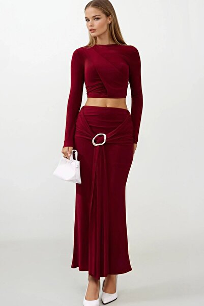 VAGGON Women's Burgundy Draped Long Sleeve Blouse and Buckle Detailed Skirt Set Vs01667
