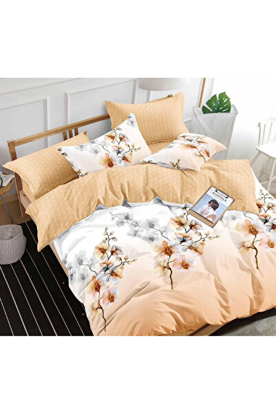 trendyhome Double Bed Linen, 4 Pieces, Satin Cotton, Orchid, White/Yellow, i14612-Elastic