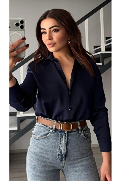 Oslove Navy Blue Satin Shirt