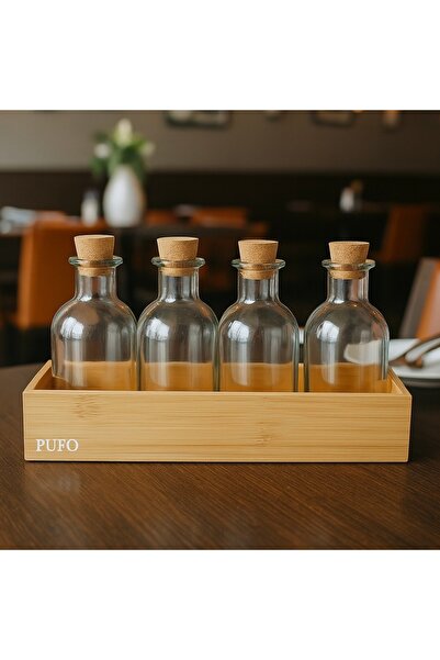 PUFO Set of 4 Bottles with Cork Stopper and Bamboo Stand– For Oil, Vinegar, Dressings, Sauces, Condiments