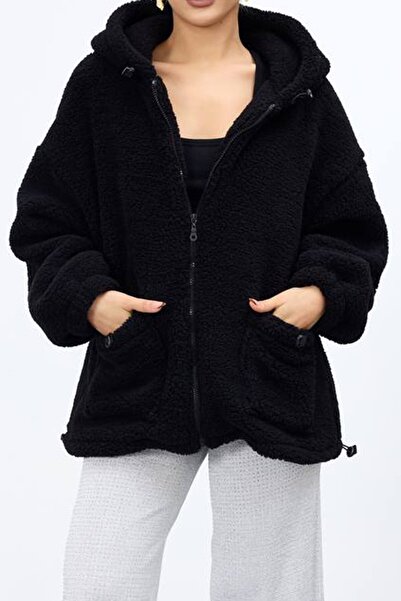 VAGGON Women's Black Double Pocket Zipper Closure Hooded Plush Jacket Vs01682